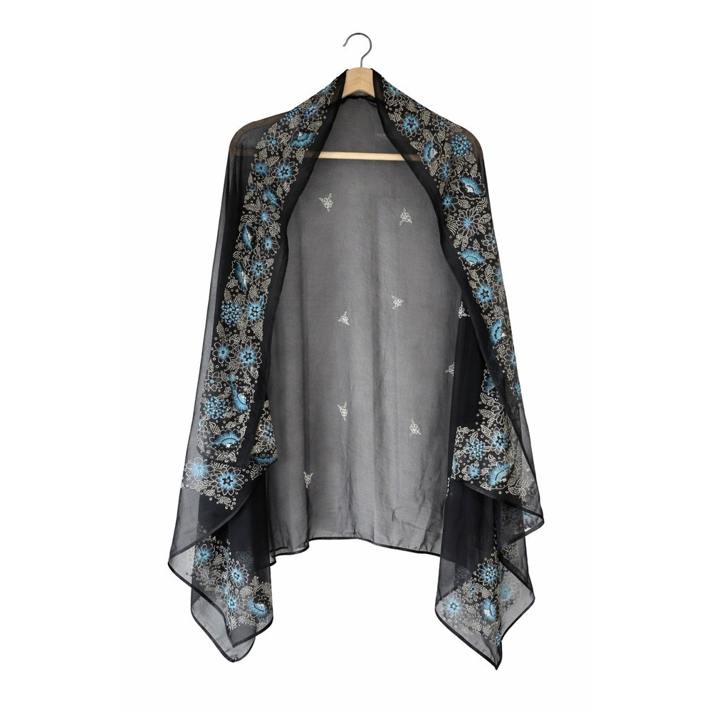 Vintage Artisan 90's Hand-Embroidered Sheer Black Floral Shawl / Open Front Wrap